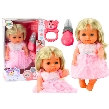 Lalka W Jasno-Różowej Sukience Siusiająca Butelka Grzechotka Dźwięki