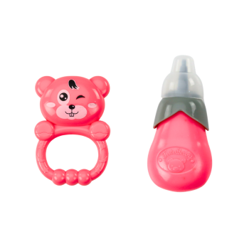 Lalka W Jasno-Różowej Sukience Siusiająca Butelka Grzechotka Dźwięki